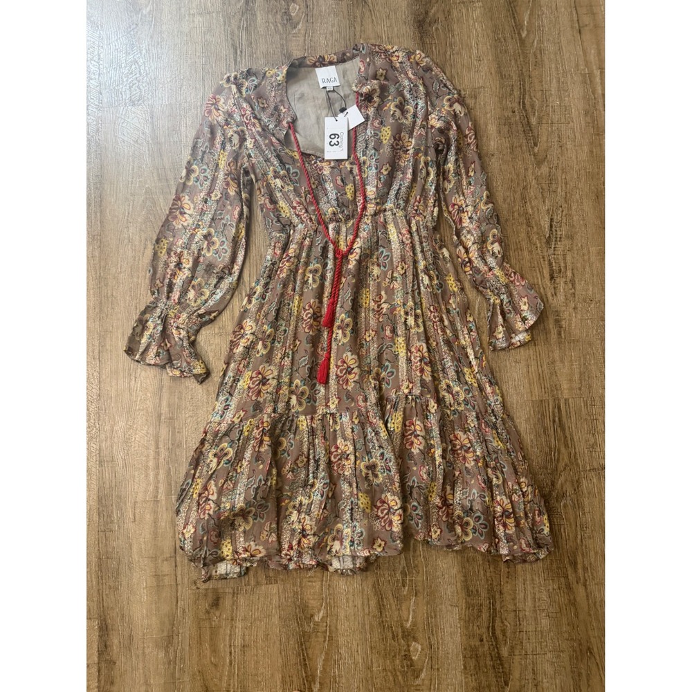 RAGA Floral Long Sleeve Tiered Mini Dress XS Boho Metallic Tassel R4883 NEW